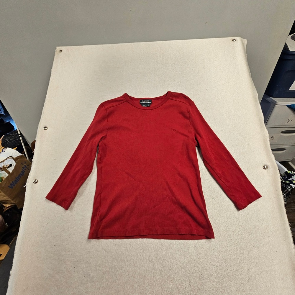 Lauren Ralph Lauren Womens Red Ribbed Long Sleeve Crew Neck Top Size L Logo‎